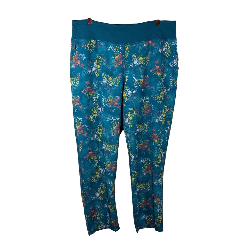 Lands End Womens Blue Floral Everyday Active Pants Size L 14-16 High Rise 525021